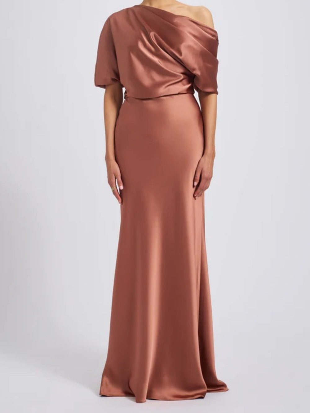 Amsale One-Shoulder Satin Maxi Dress in Rusty Copper